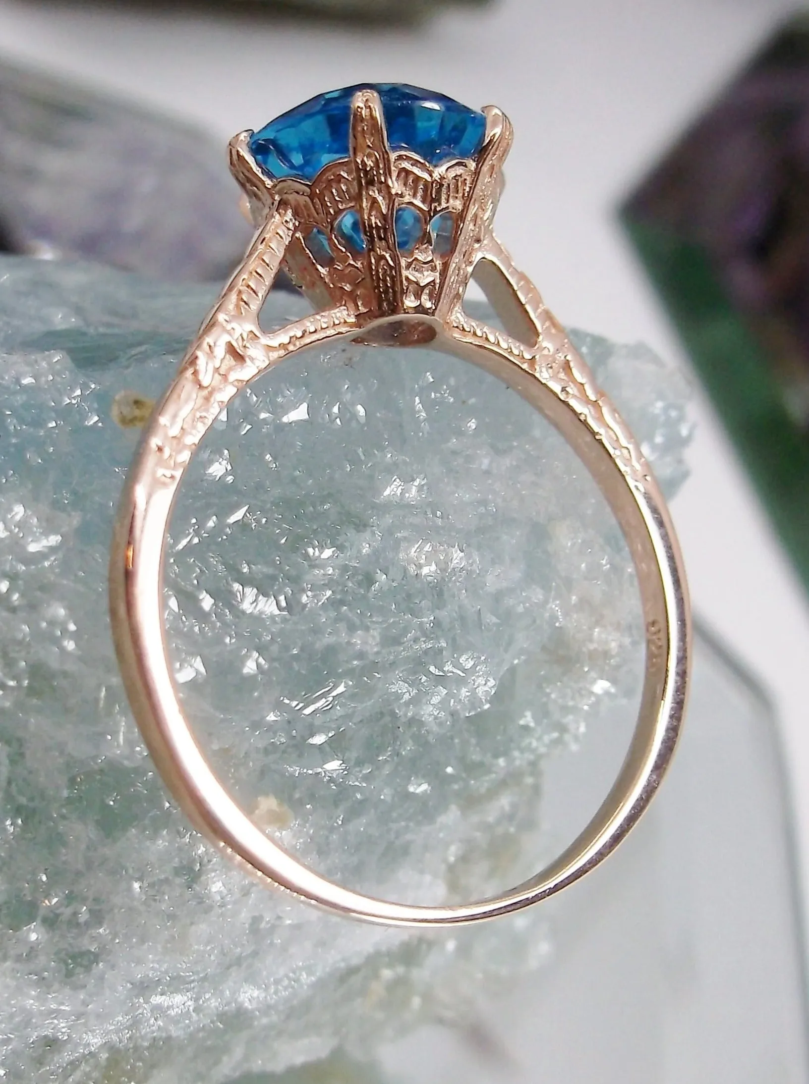 Topaz Ring, Rose Gold, Natural Swiss Blue Solitaire, Classic Jewelry #D37z