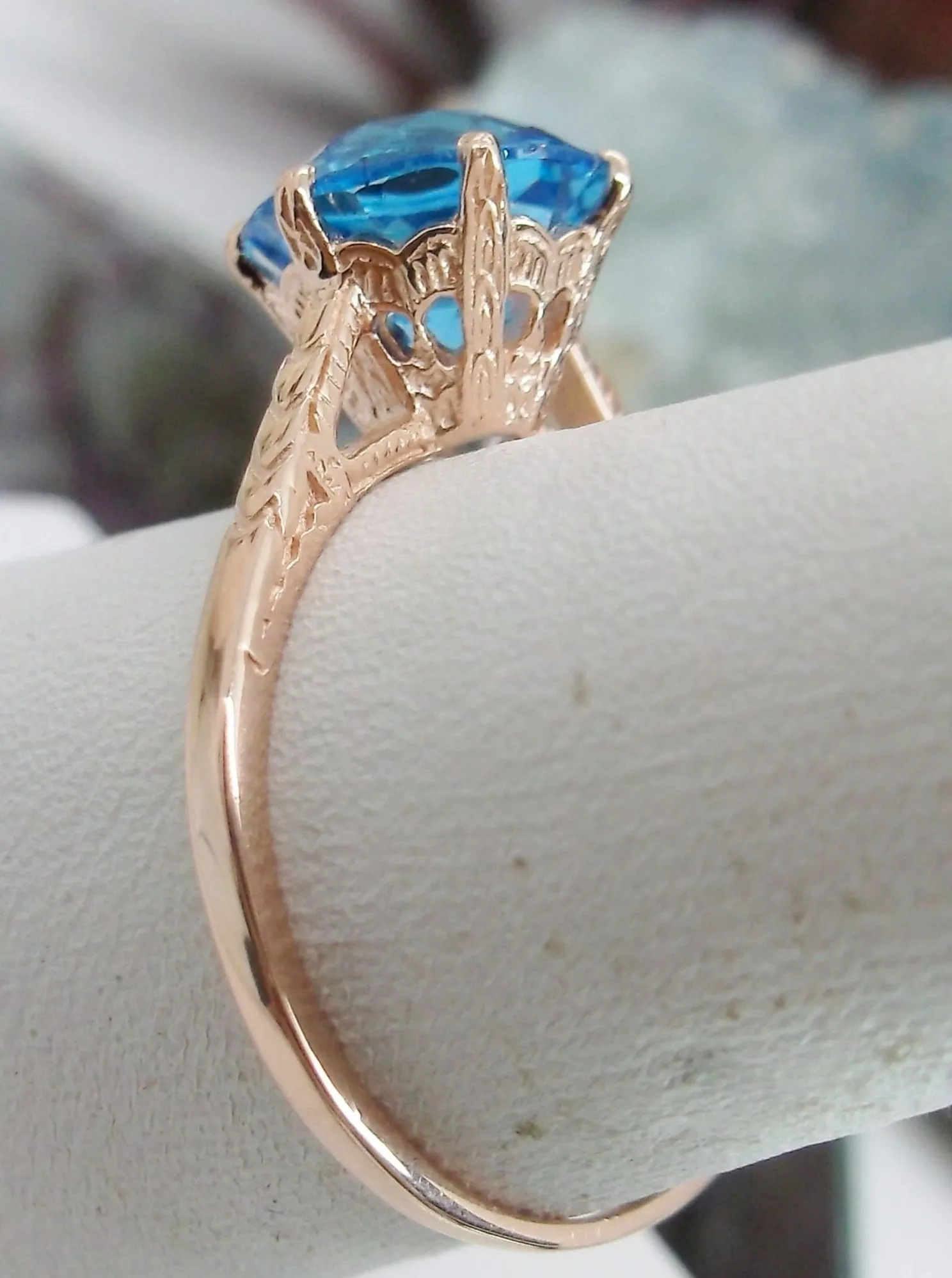 Topaz Ring, Rose Gold, Natural Swiss Blue Solitaire, Classic Jewelry #D37z