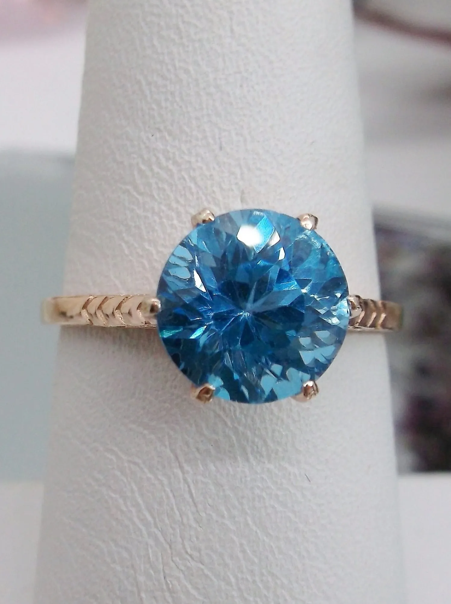Topaz Ring, Rose Gold, Natural Swiss Blue Solitaire, Classic Jewelry #D37z
