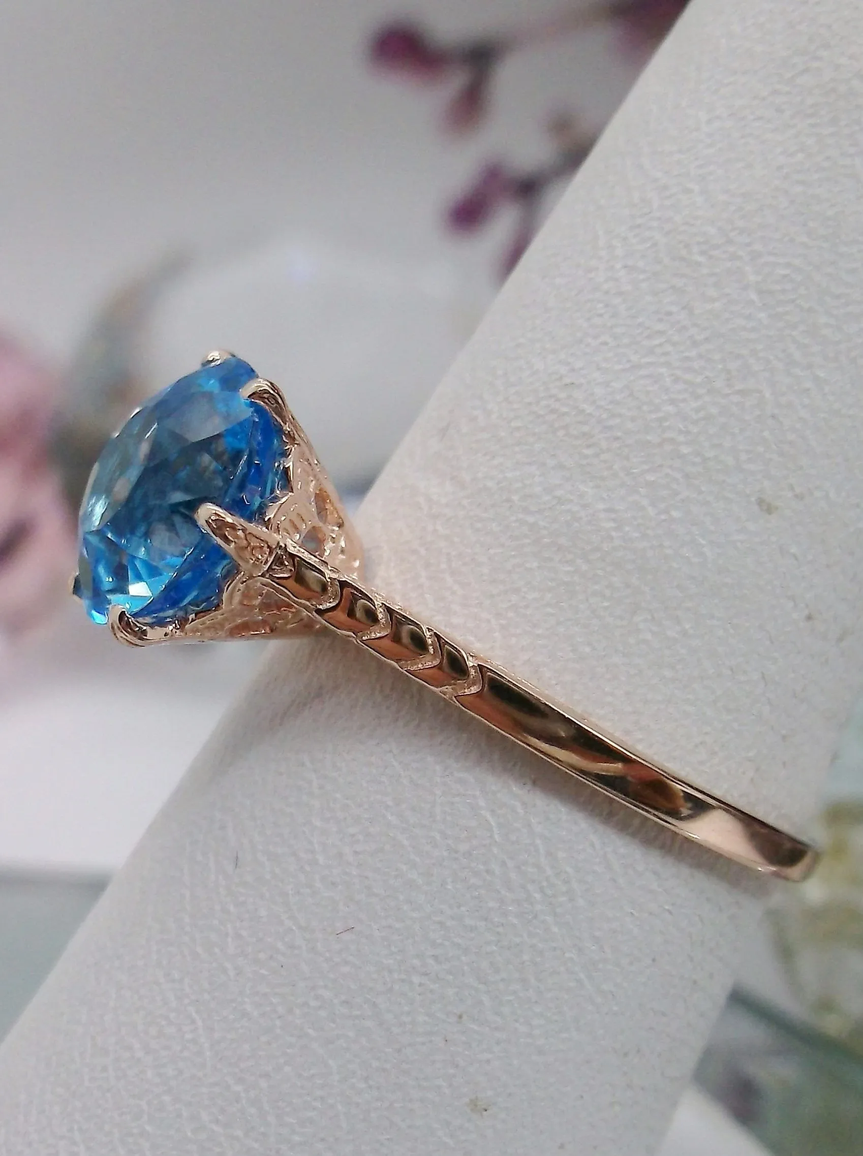 Topaz Ring, Rose Gold, Natural Swiss Blue Solitaire, Classic Jewelry #D37z