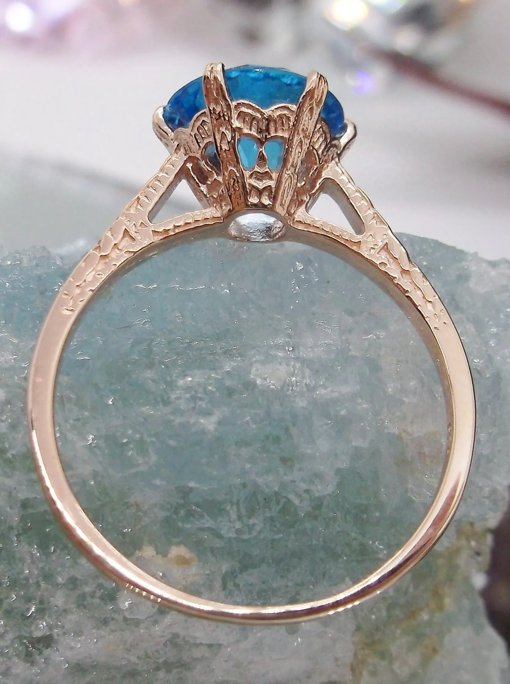 Topaz Ring, Rose Gold, Natural Swiss Blue Solitaire, Classic Jewelry #D37z