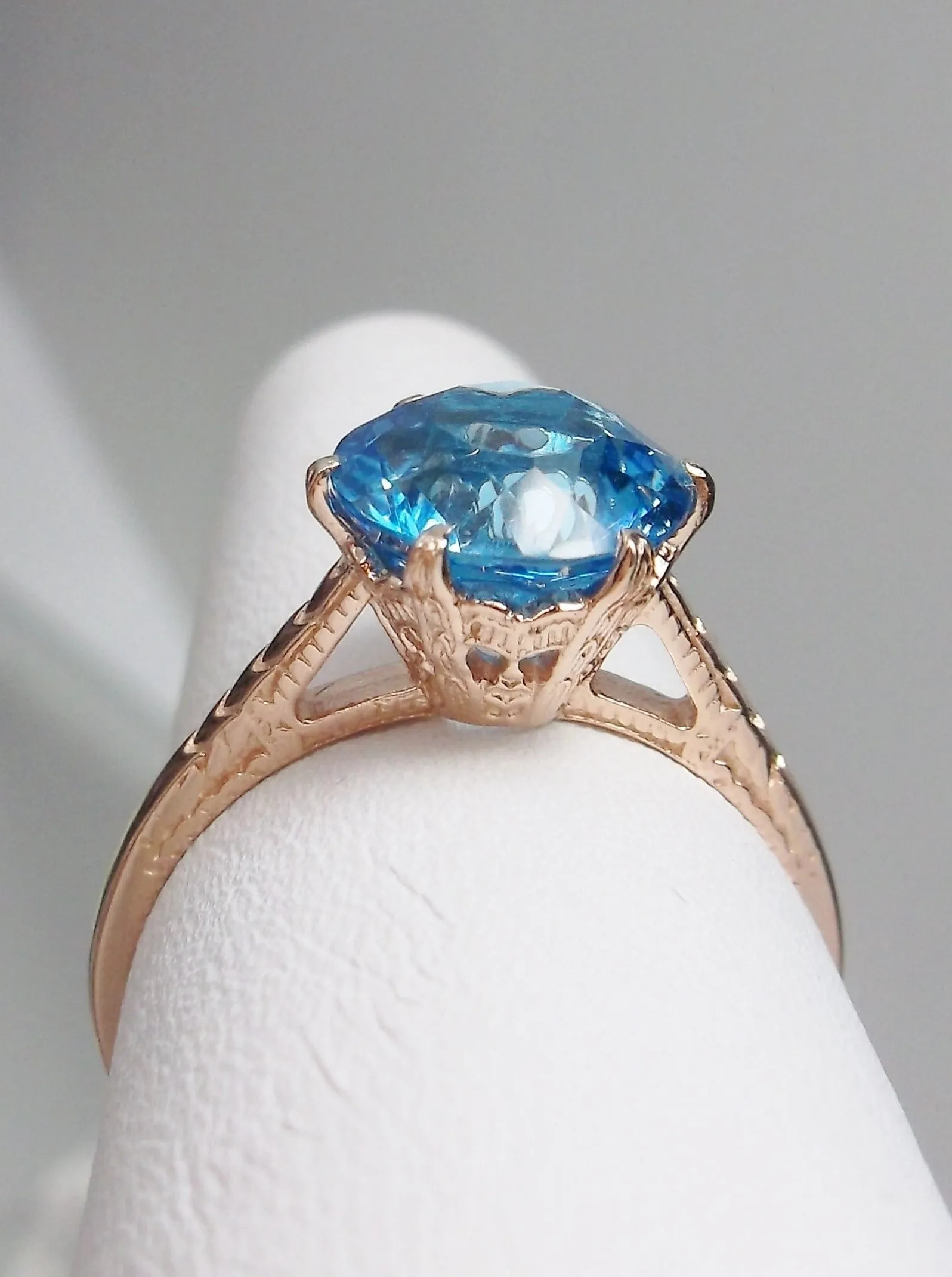 Topaz Ring, Rose Gold, Natural Swiss Blue Solitaire, Classic Jewelry #D37z