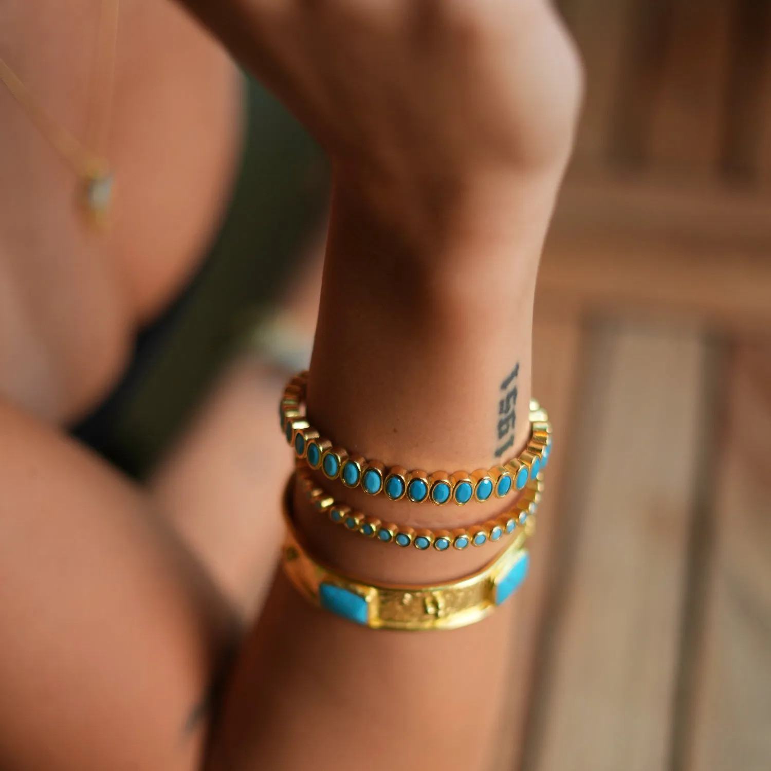 Turquoise Gemstone & Gold Dainty Bangle Bracelet