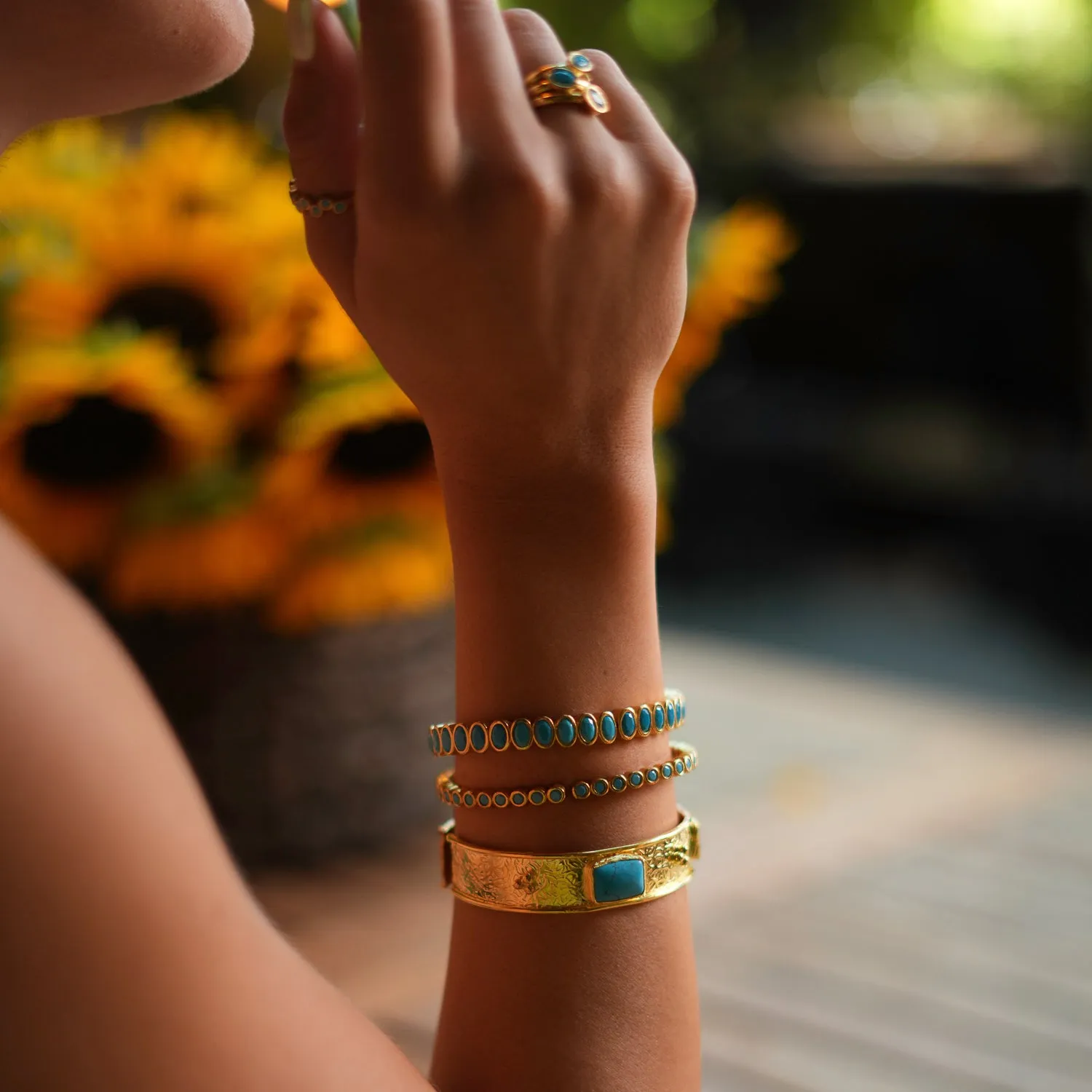 Turquoise Gemstone & Gold Dainty Bangle Bracelet