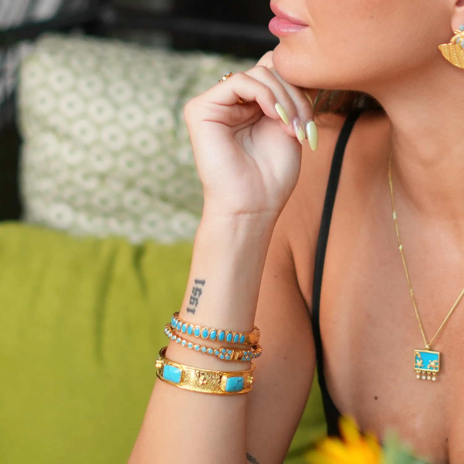 Turquoise Gemstone & Gold Dainty Bangle Bracelet