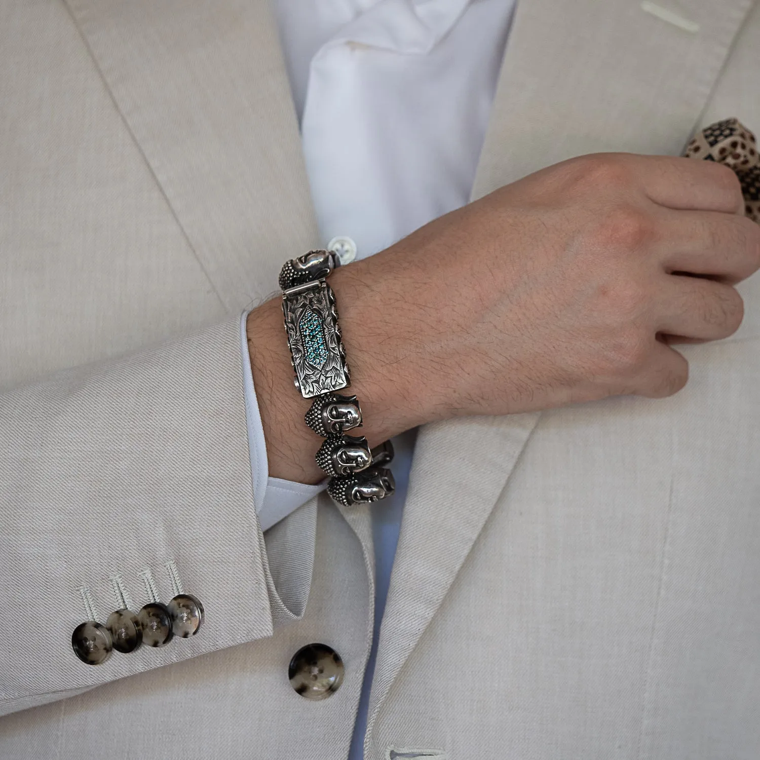 Unique Silver And Diamond Buddha Peace Bracelet