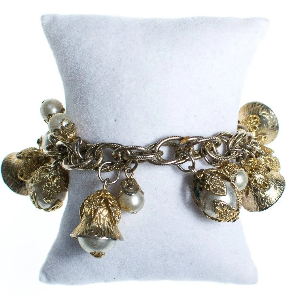 Vintage Mid Century Modern Gold Filigree and Pearl Charm Bracelet