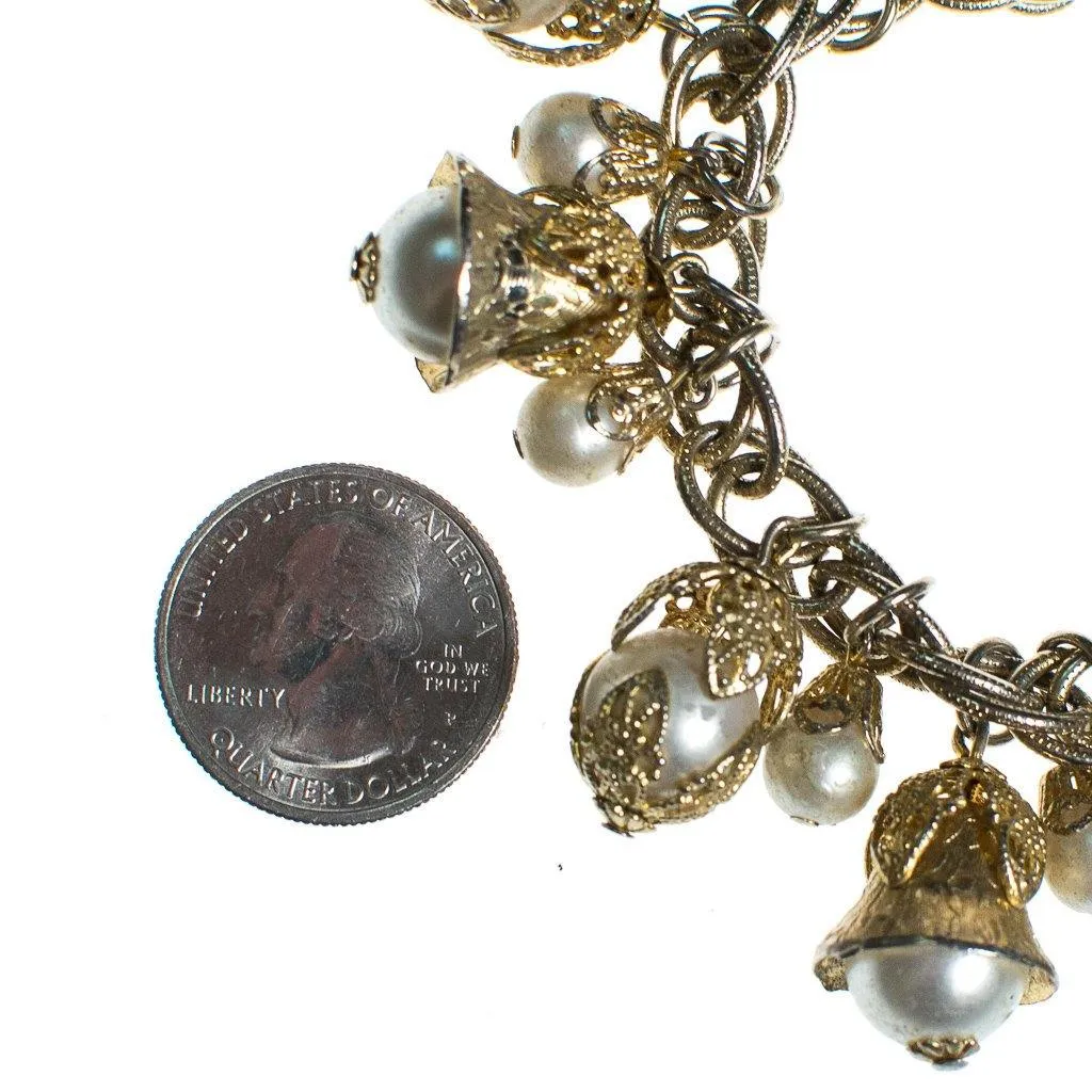 Vintage Mid Century Modern Gold Filigree and Pearl Charm Bracelet
