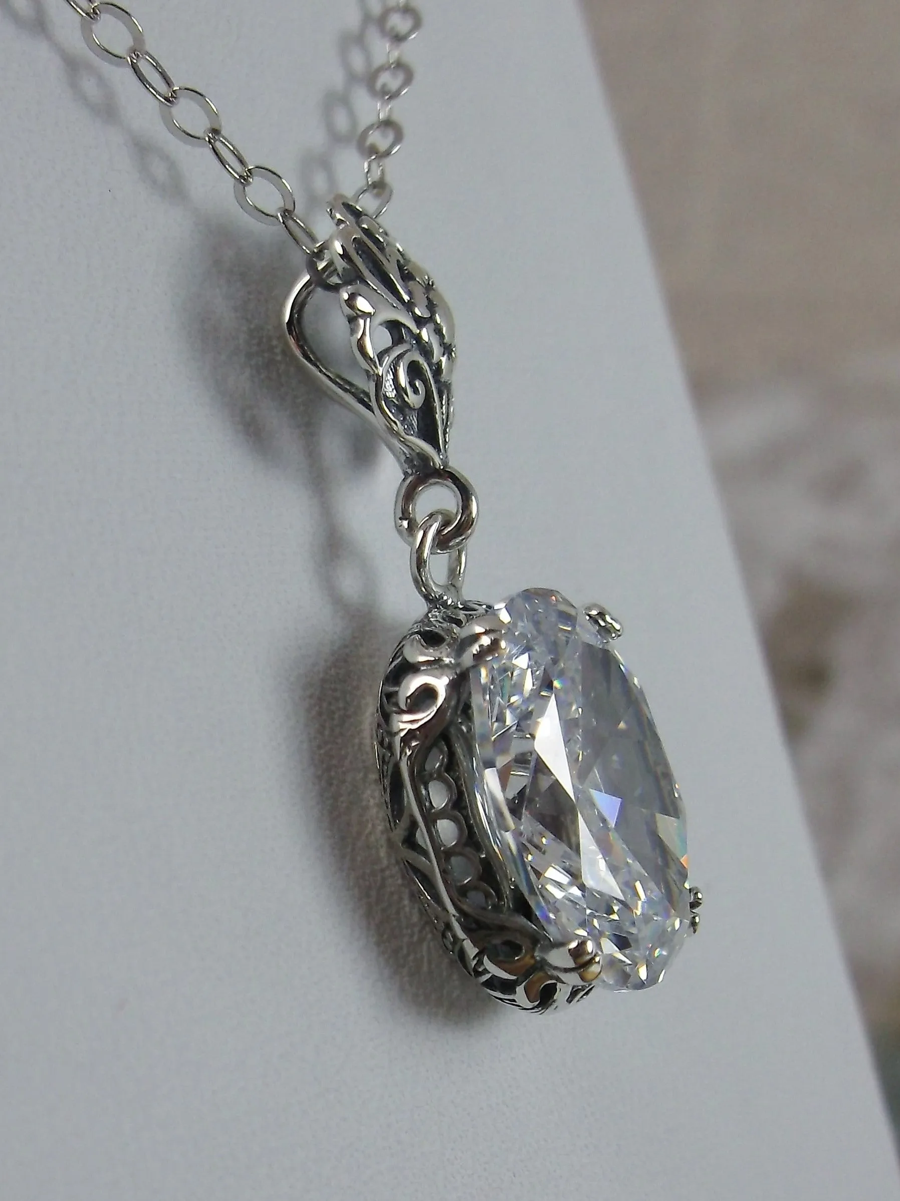 White CZ Pendant, Cubic Zirconia Edwardian Necklace #P70