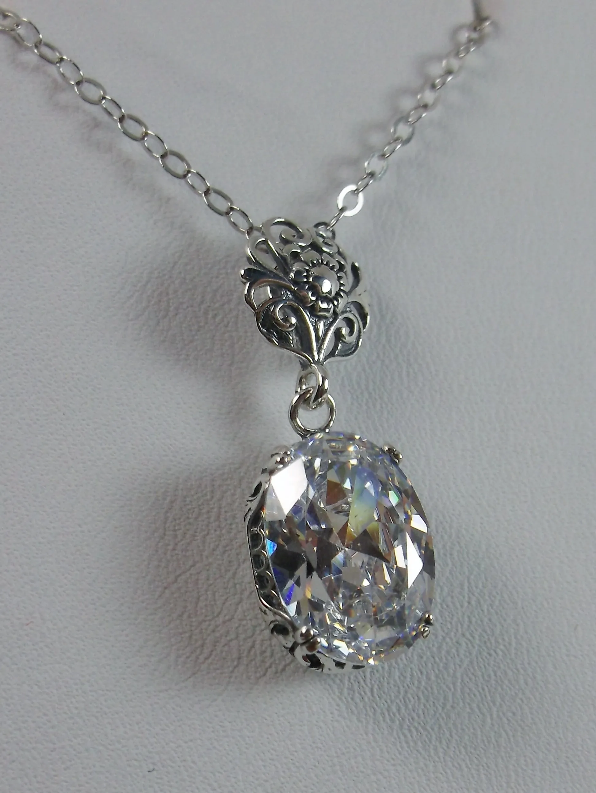 White CZ Pendant, Cubic Zirconia Edwardian Necklace #P70