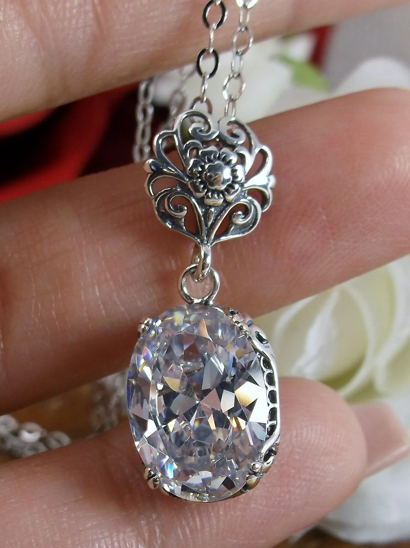 White CZ Pendant, Cubic Zirconia Edwardian Necklace #P70