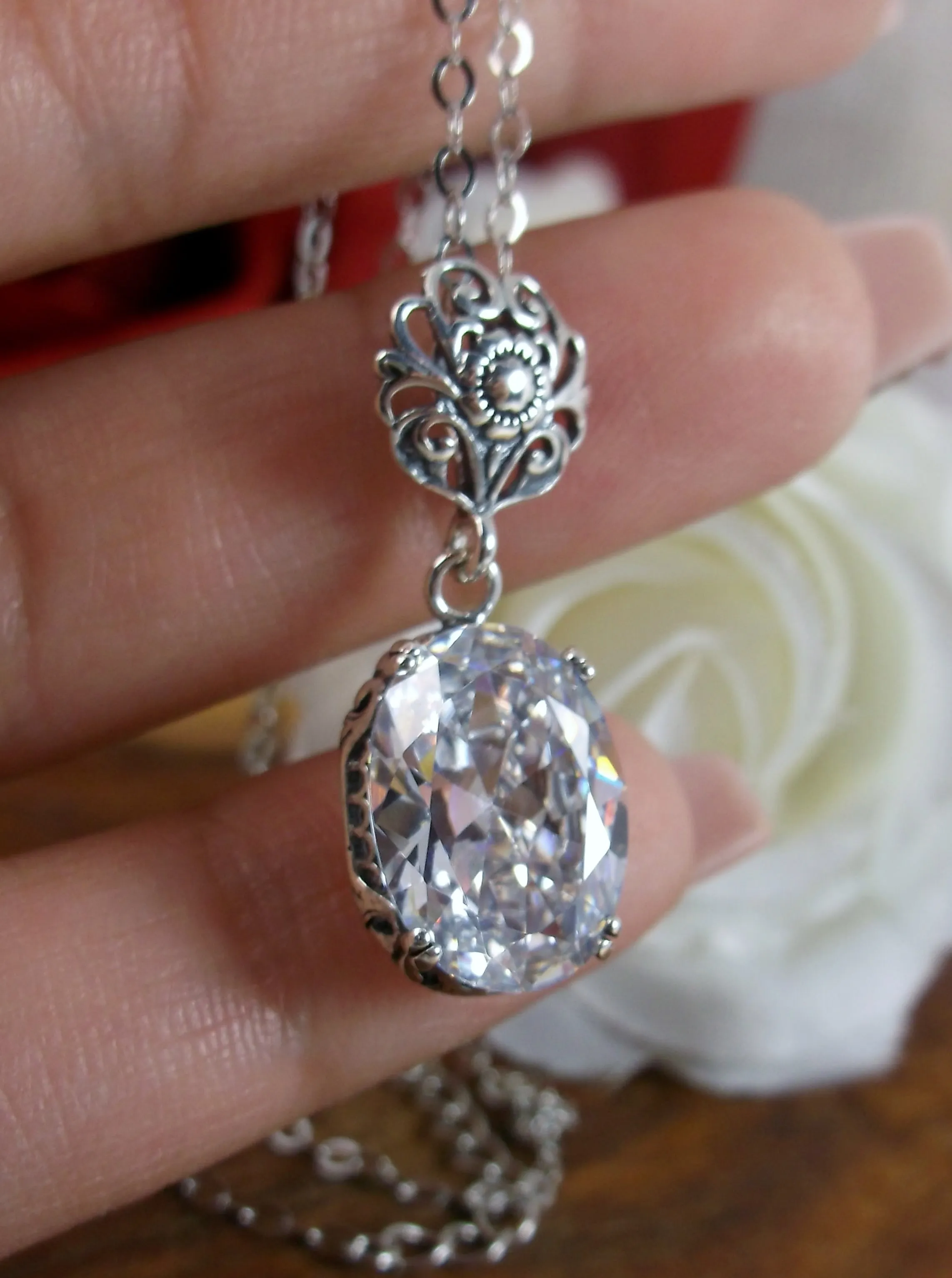 White CZ Pendant, Cubic Zirconia Edwardian Necklace #P70