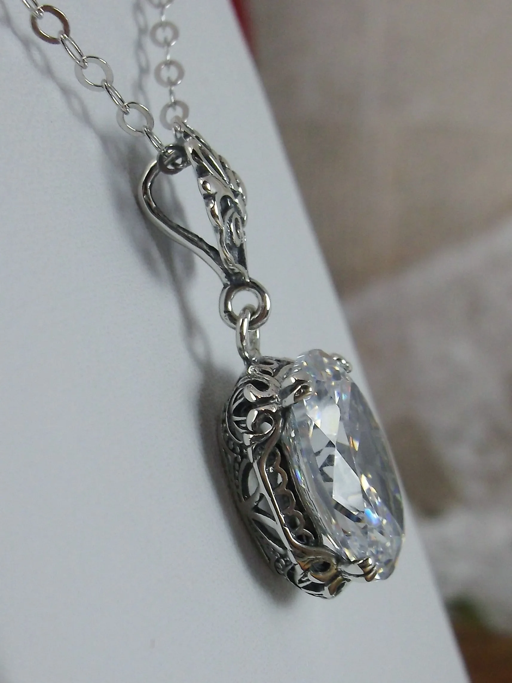White CZ Pendant, Cubic Zirconia Edwardian Necklace #P70