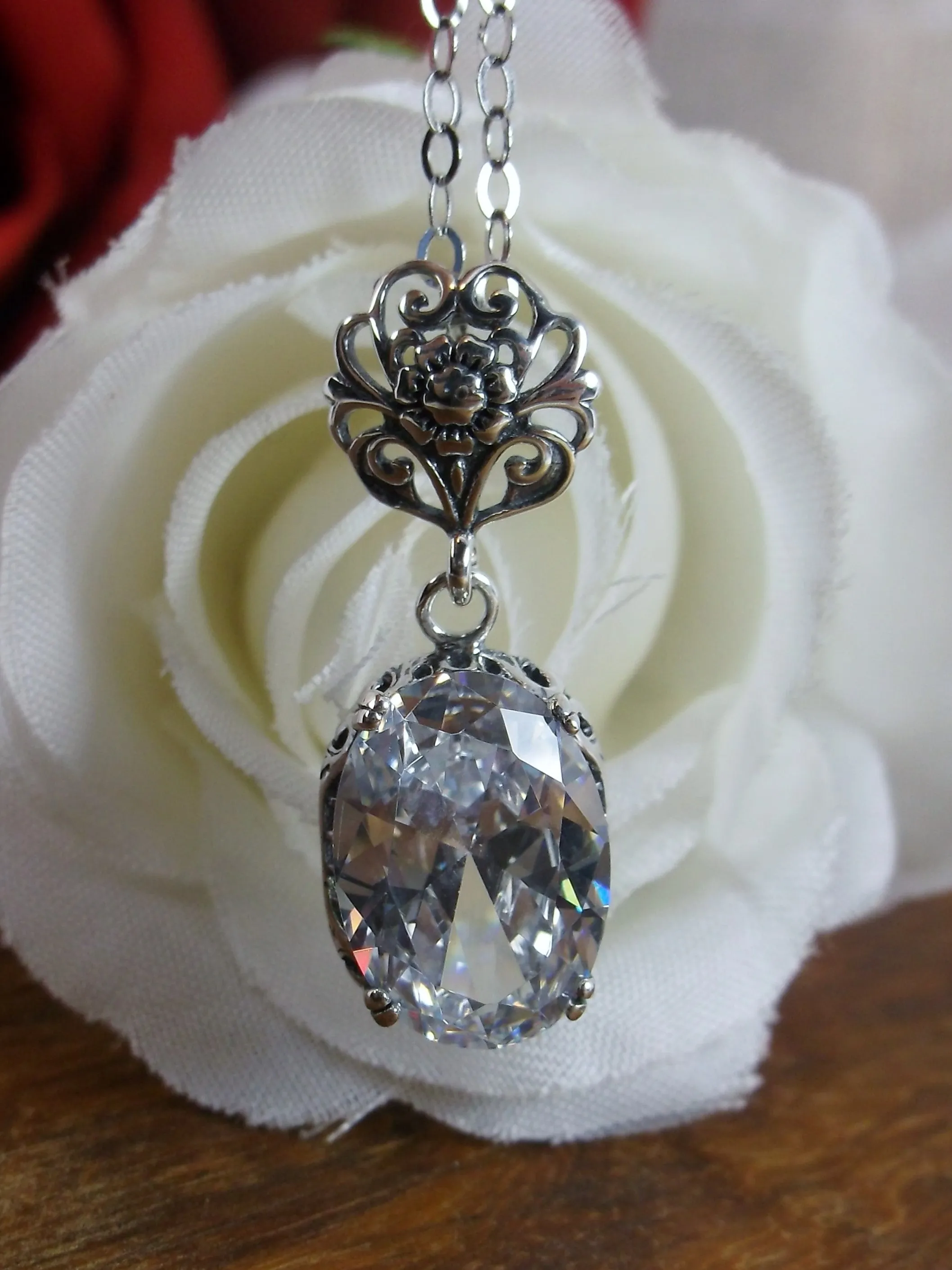 White CZ Pendant, Cubic Zirconia Edwardian Necklace #P70