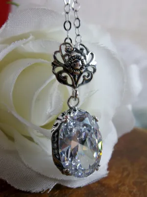 White CZ Pendant, Cubic Zirconia Edwardian Necklace #P70