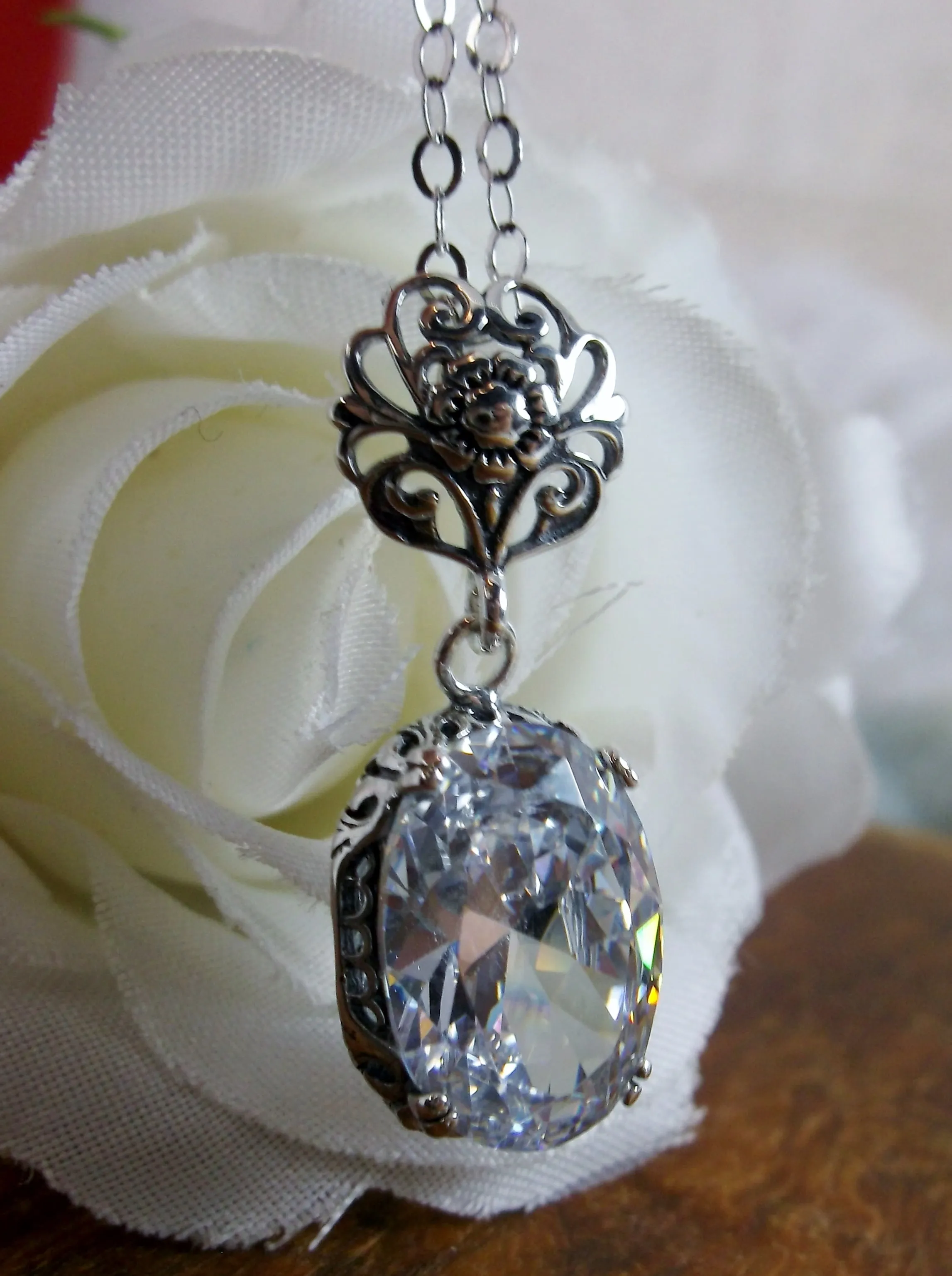 White CZ Pendant, Cubic Zirconia Edwardian Necklace #P70