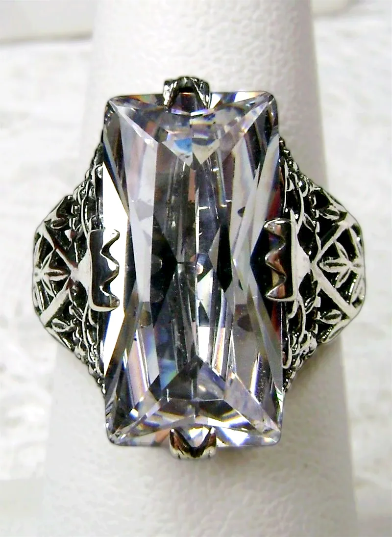 White CZ Ring, Baguette Intaglio, Victorian Jewelry #D31