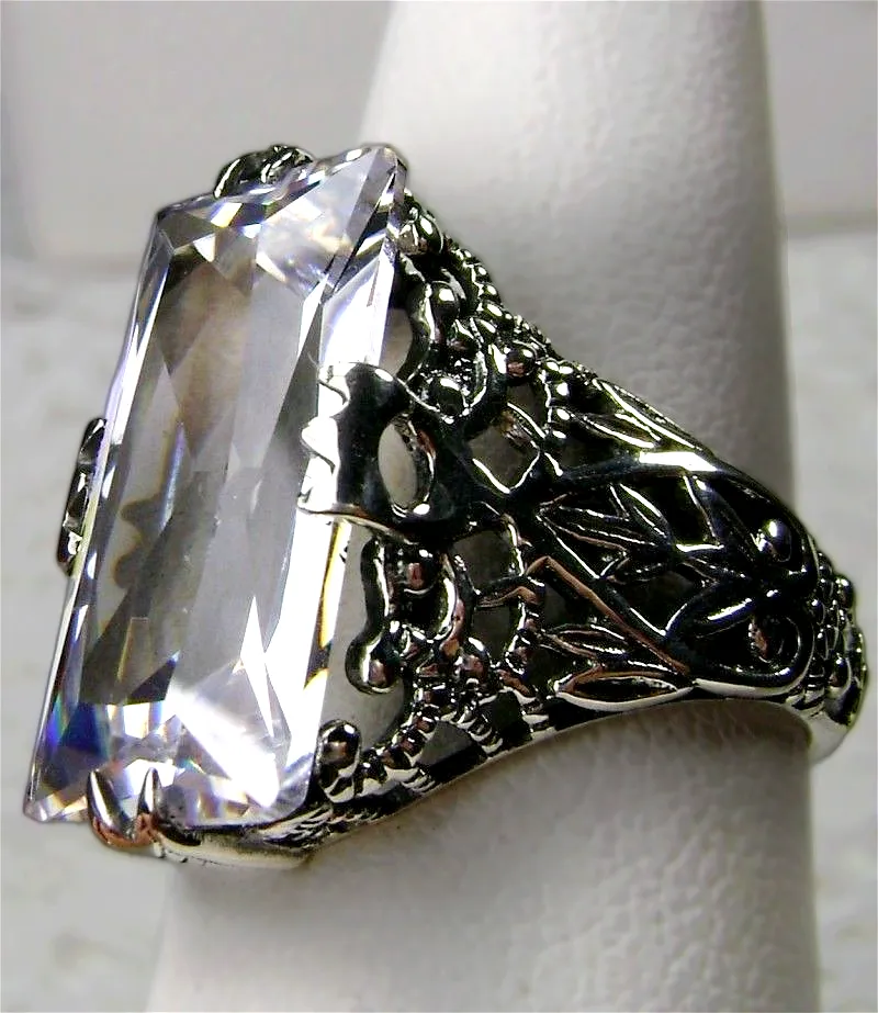 White CZ Ring, Baguette Intaglio, Victorian Jewelry #D31