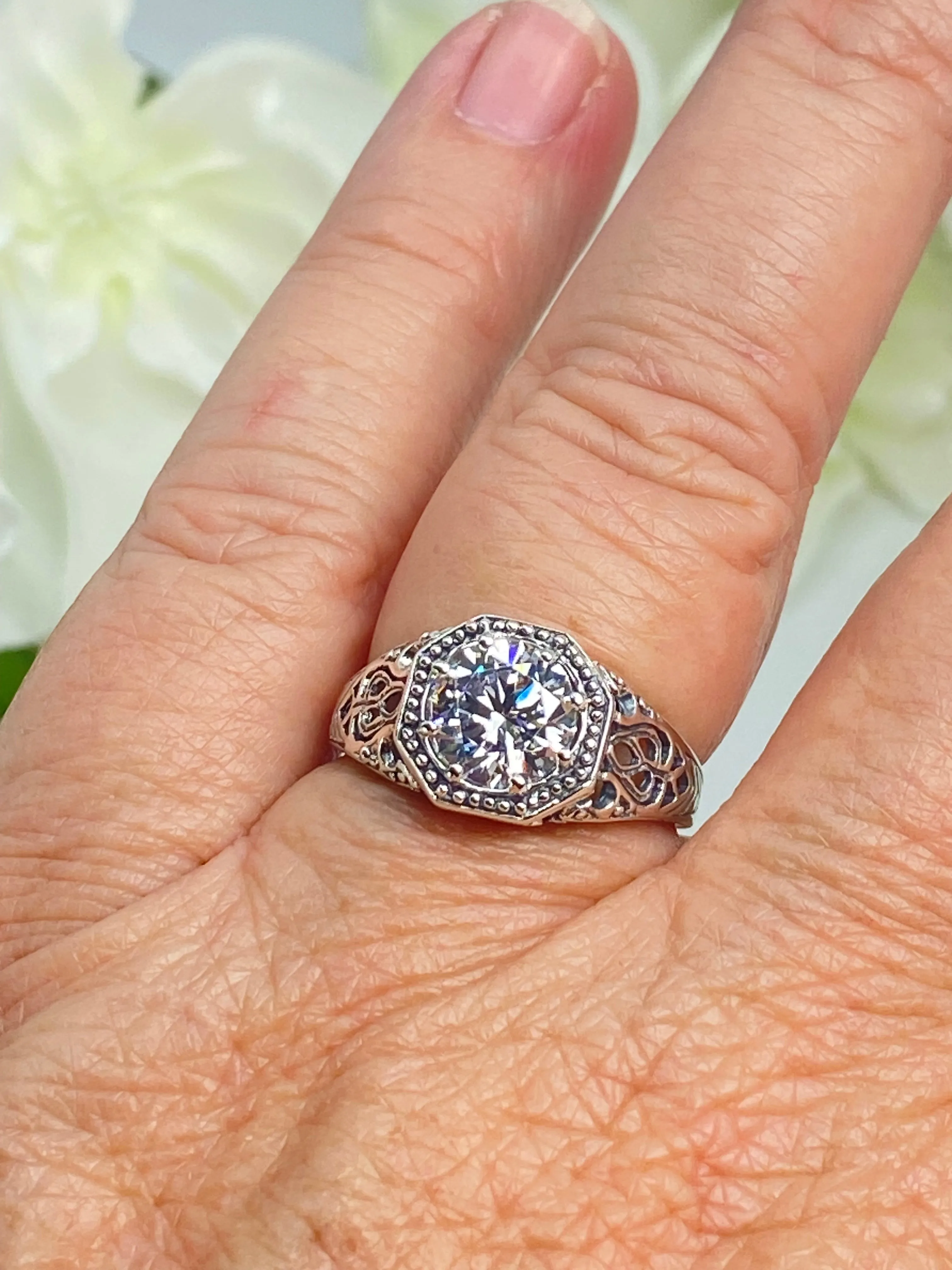 White CZ Ring, Size 5, Sterling Silver Victorian Jewelry #D11 - Ready to Ship