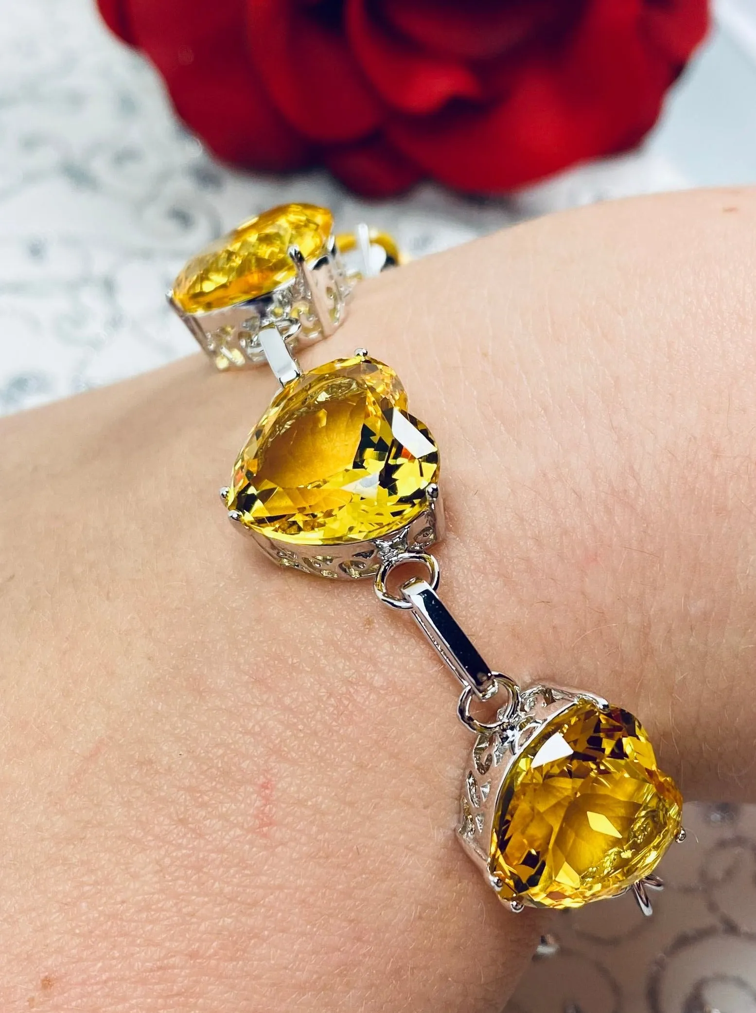 Yellow Citrine Bracelet, Heart Gems, Victorian Reproduction Jewelry #B38