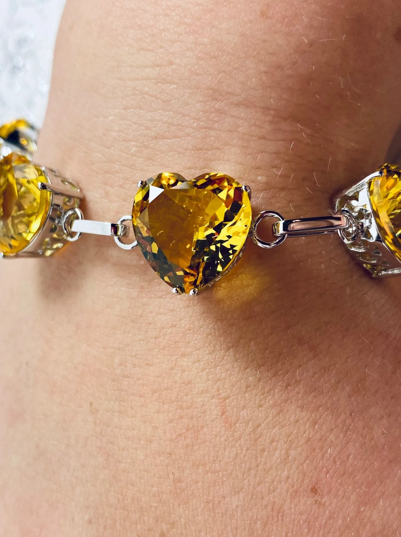 Yellow Citrine Bracelet, Heart Gems, Victorian Reproduction Jewelry #B38
