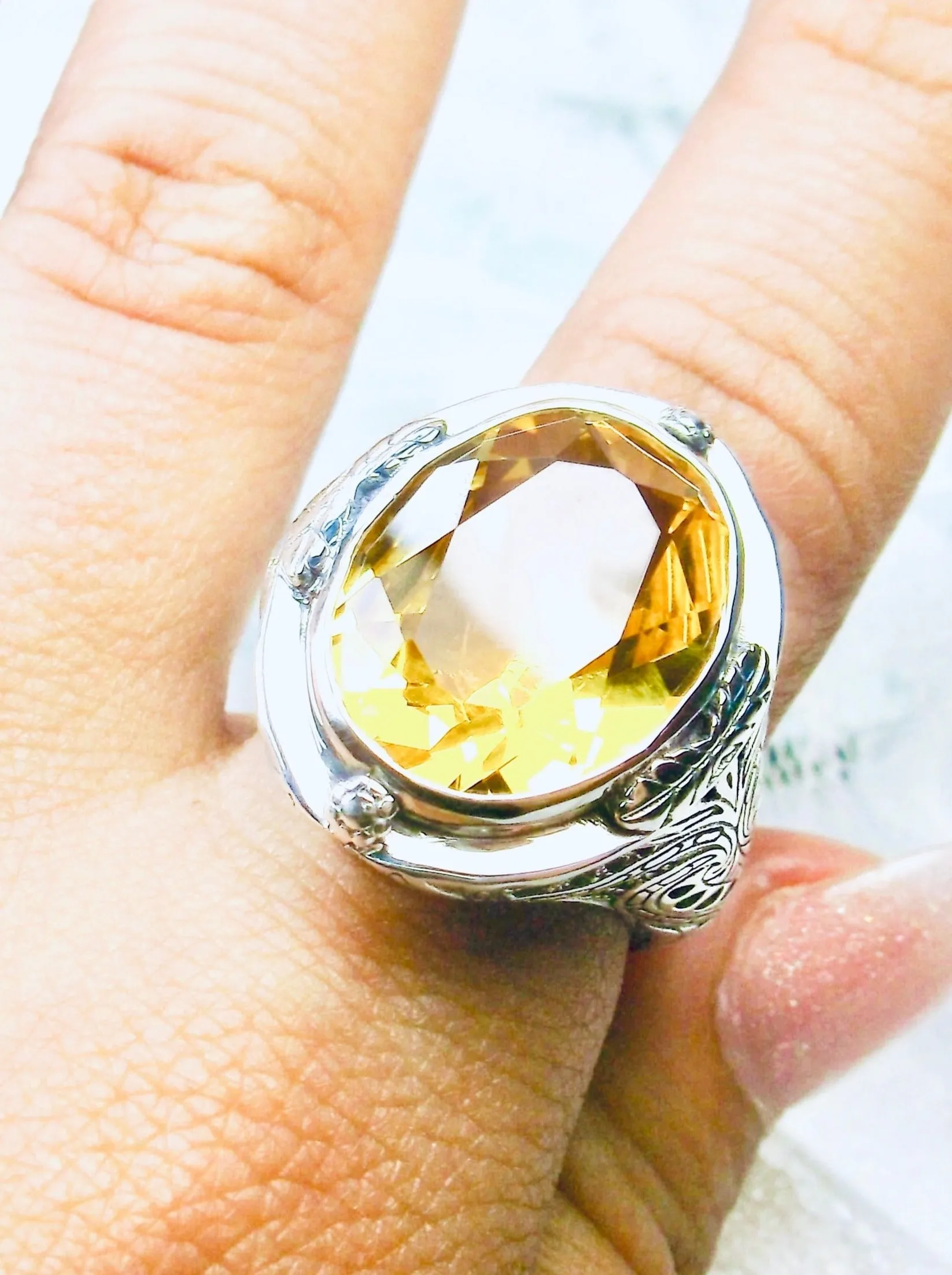 Yellow Citrine Ring, Large Oval Ring, Victorian Jewelry Design#D2