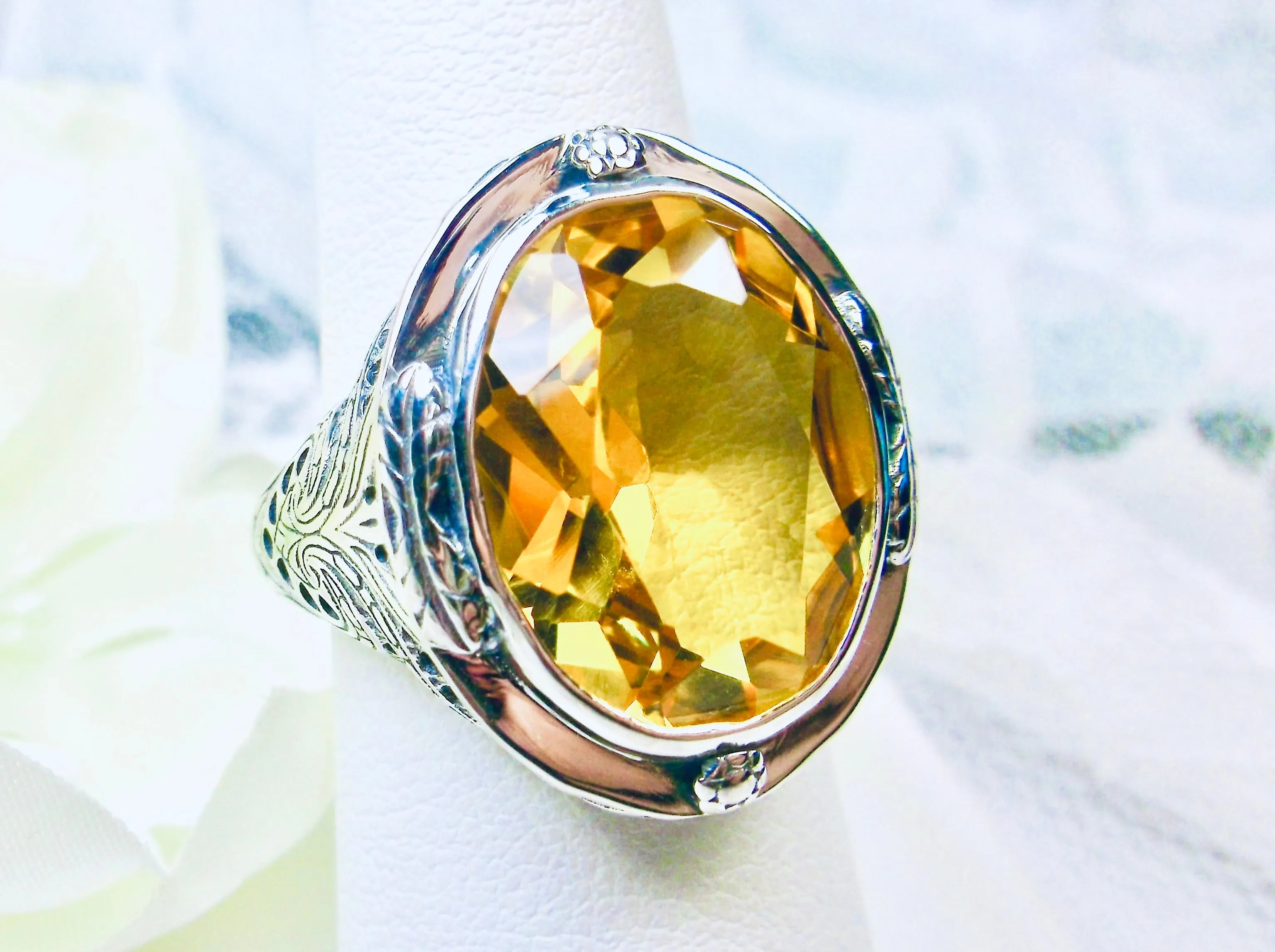Yellow Citrine Ring, Large Oval Ring, Victorian Jewelry Design#D2