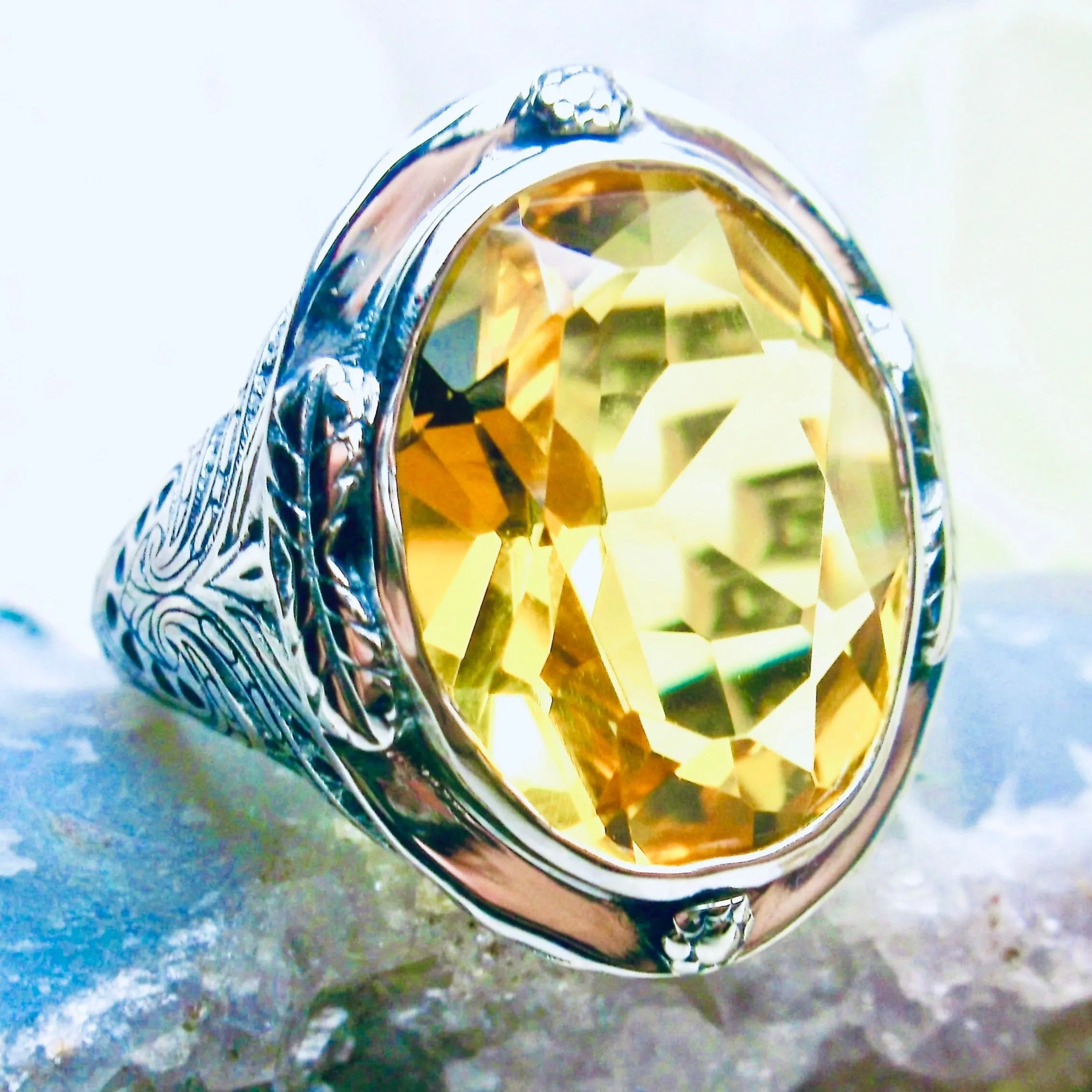 Yellow Citrine Ring, Large Oval Ring, Victorian Jewelry Design#D2