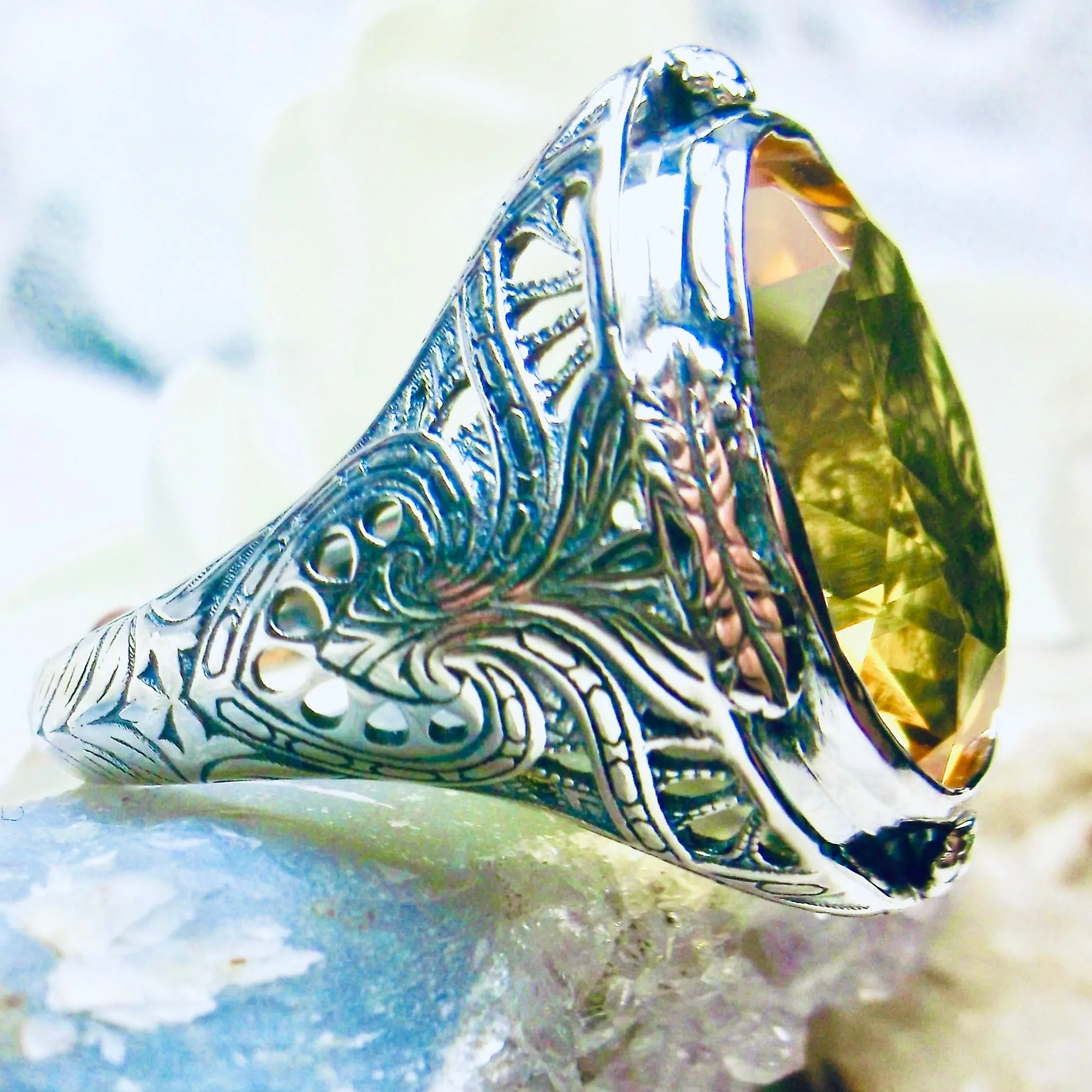 Yellow Citrine Ring, Large Oval Ring, Victorian Jewelry Design#D2