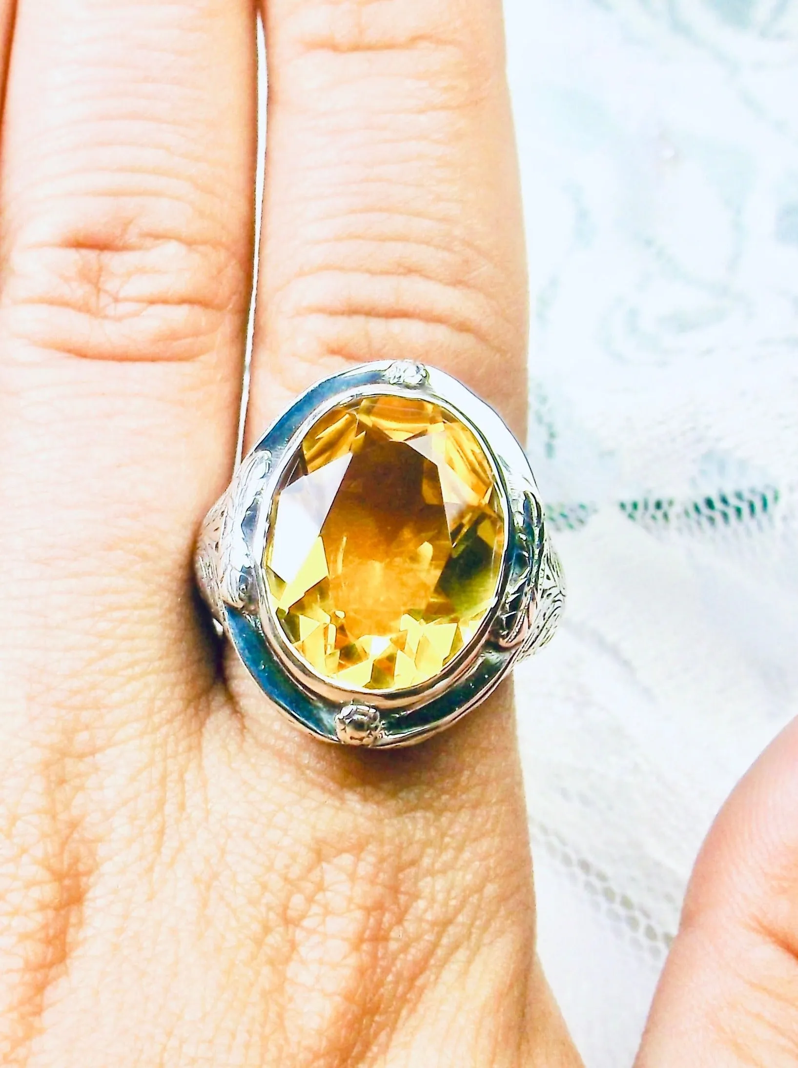 Yellow Citrine Ring, Large Oval Ring, Victorian Jewelry Design#D2