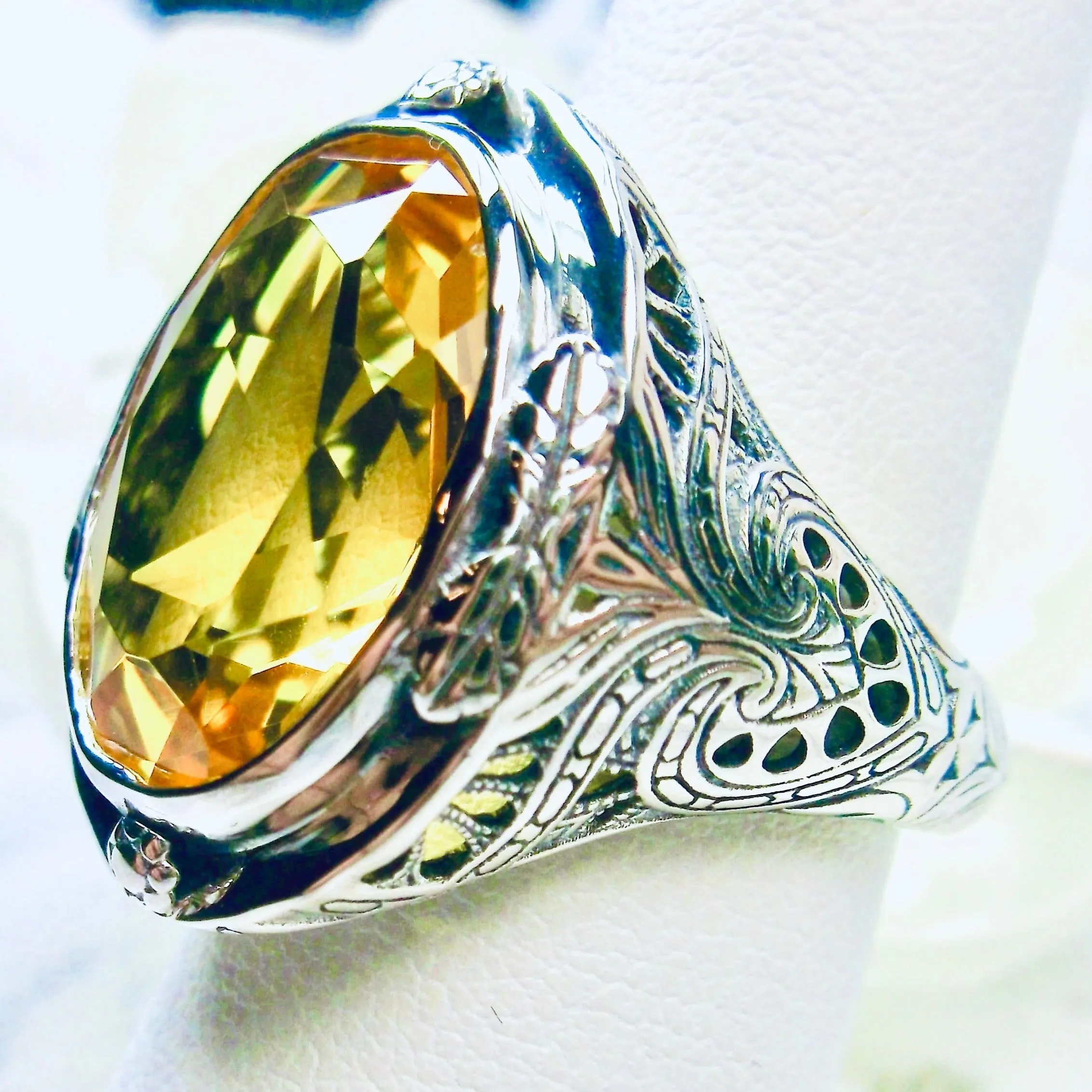 Yellow Citrine Ring, Large Oval Ring, Victorian Jewelry Design#D2