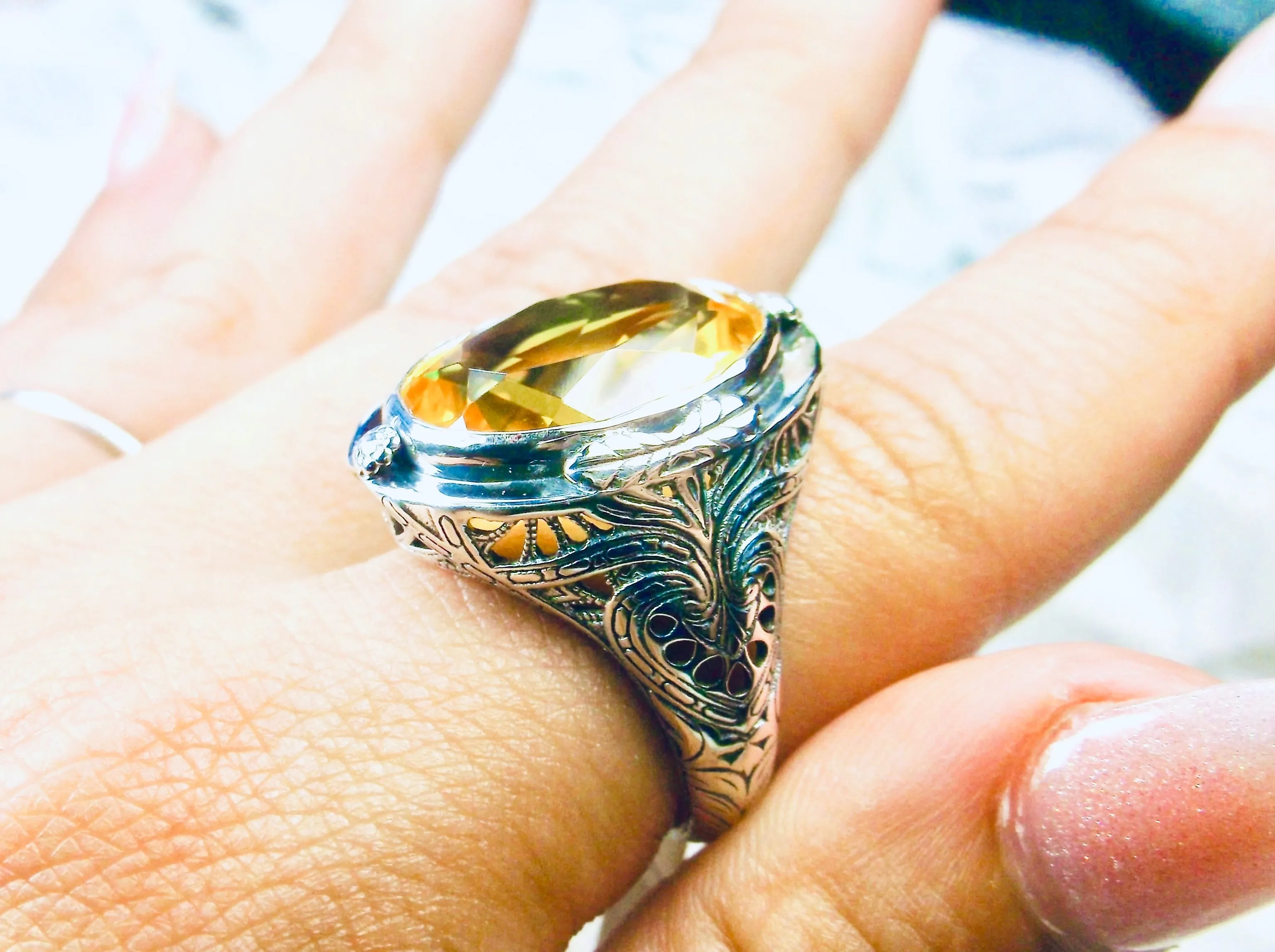 Yellow Citrine Ring, Large Oval Ring, Victorian Jewelry Design#D2