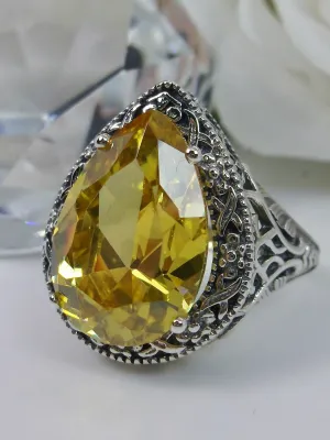 Yellow Citrine Ring, Teardrop Gem, Victorian Jewelry Design#D28