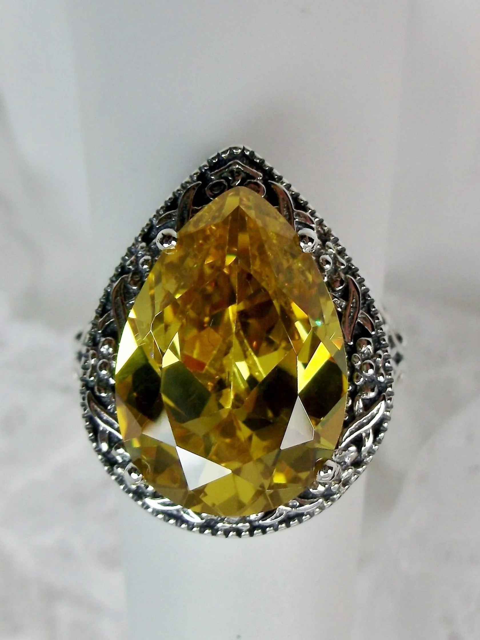 Yellow Citrine Ring, Teardrop Gem, Victorian Jewelry Design#D28