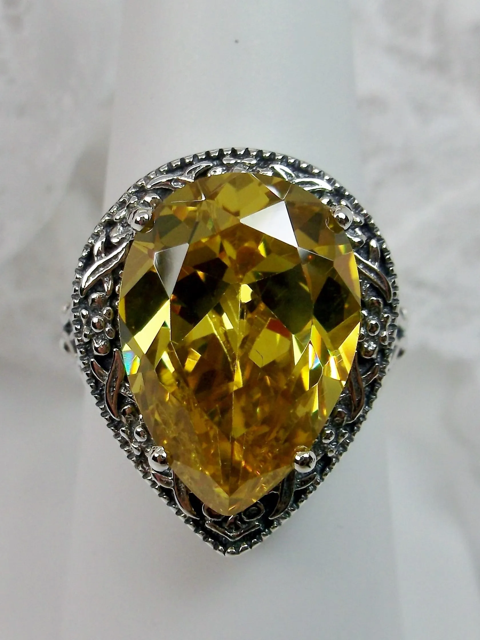 Yellow Citrine Ring, Teardrop Gem, Victorian Jewelry Design#D28