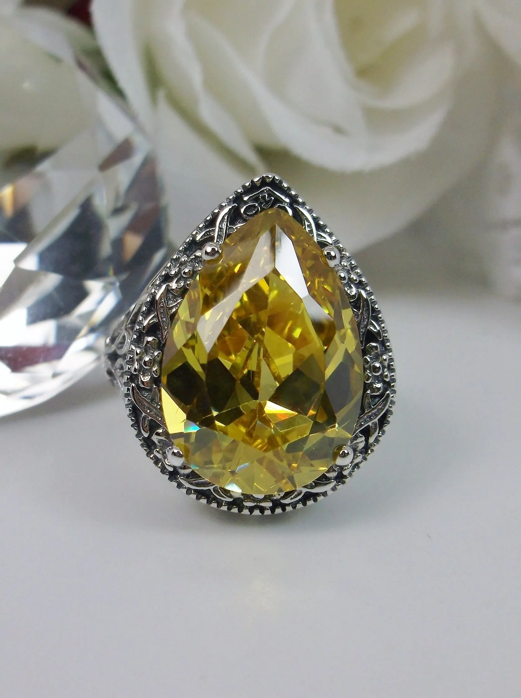 Yellow Citrine Ring, Teardrop Gem, Victorian Jewelry Design#D28