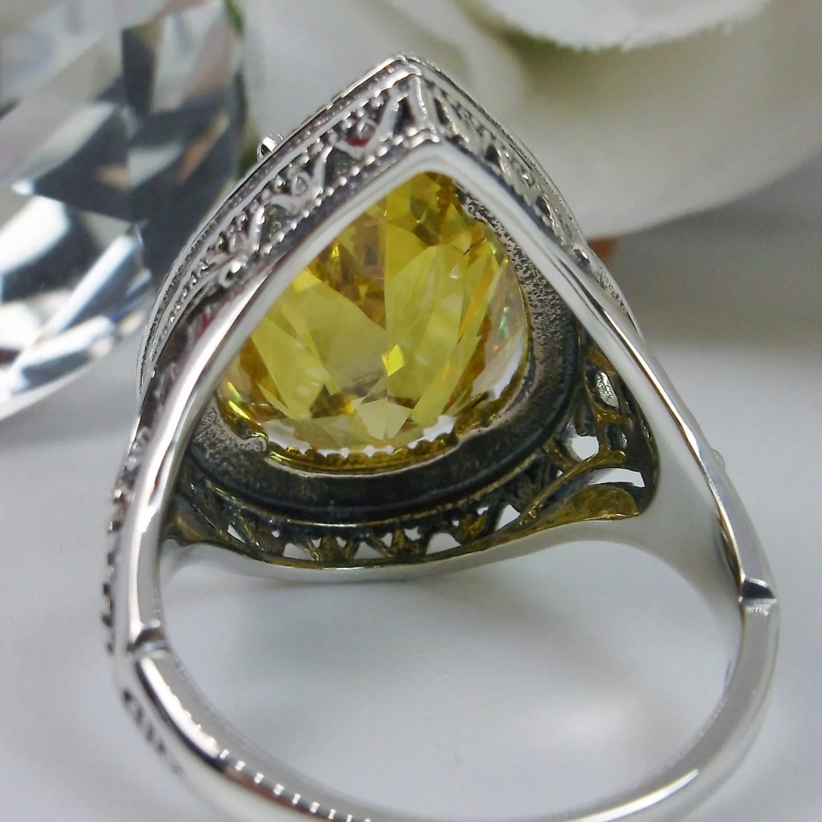 Yellow Citrine Ring, Teardrop Gem, Victorian Jewelry Design#D28
