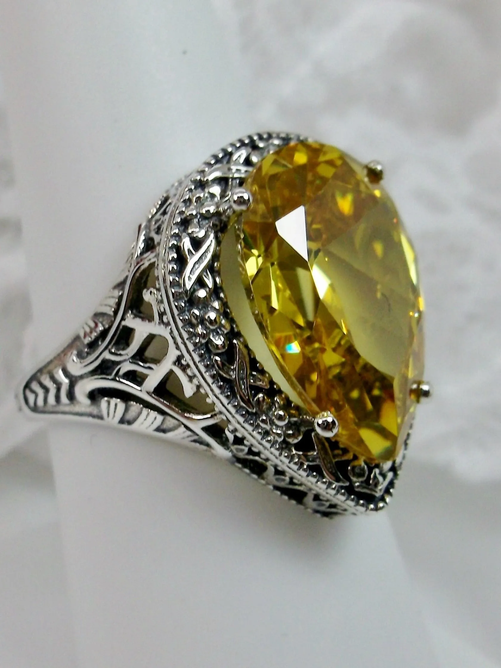 Yellow Citrine Ring, Teardrop Gem, Victorian Jewelry Design#D28