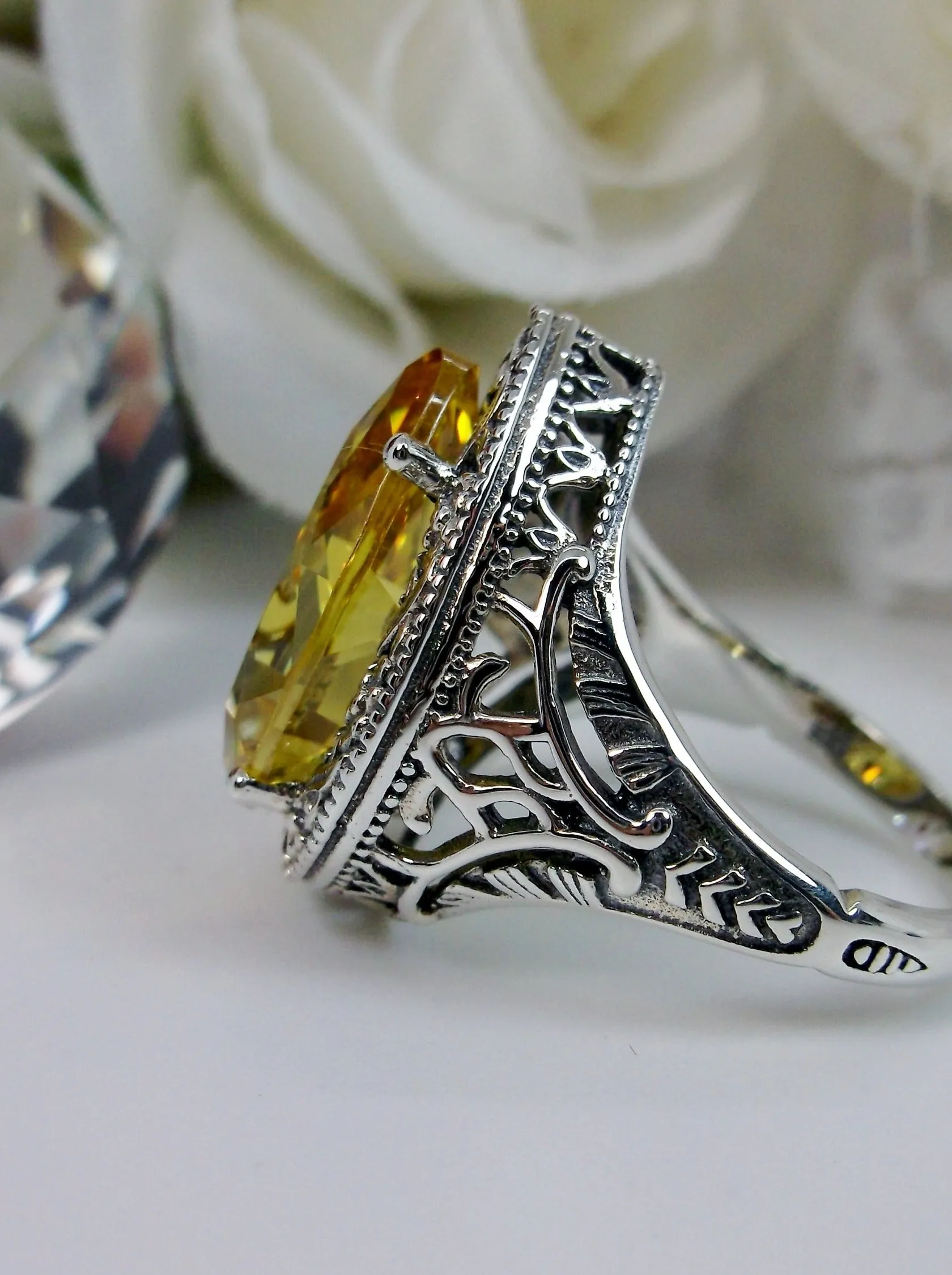 Yellow Citrine Ring, Teardrop Gem, Victorian Jewelry Design#D28