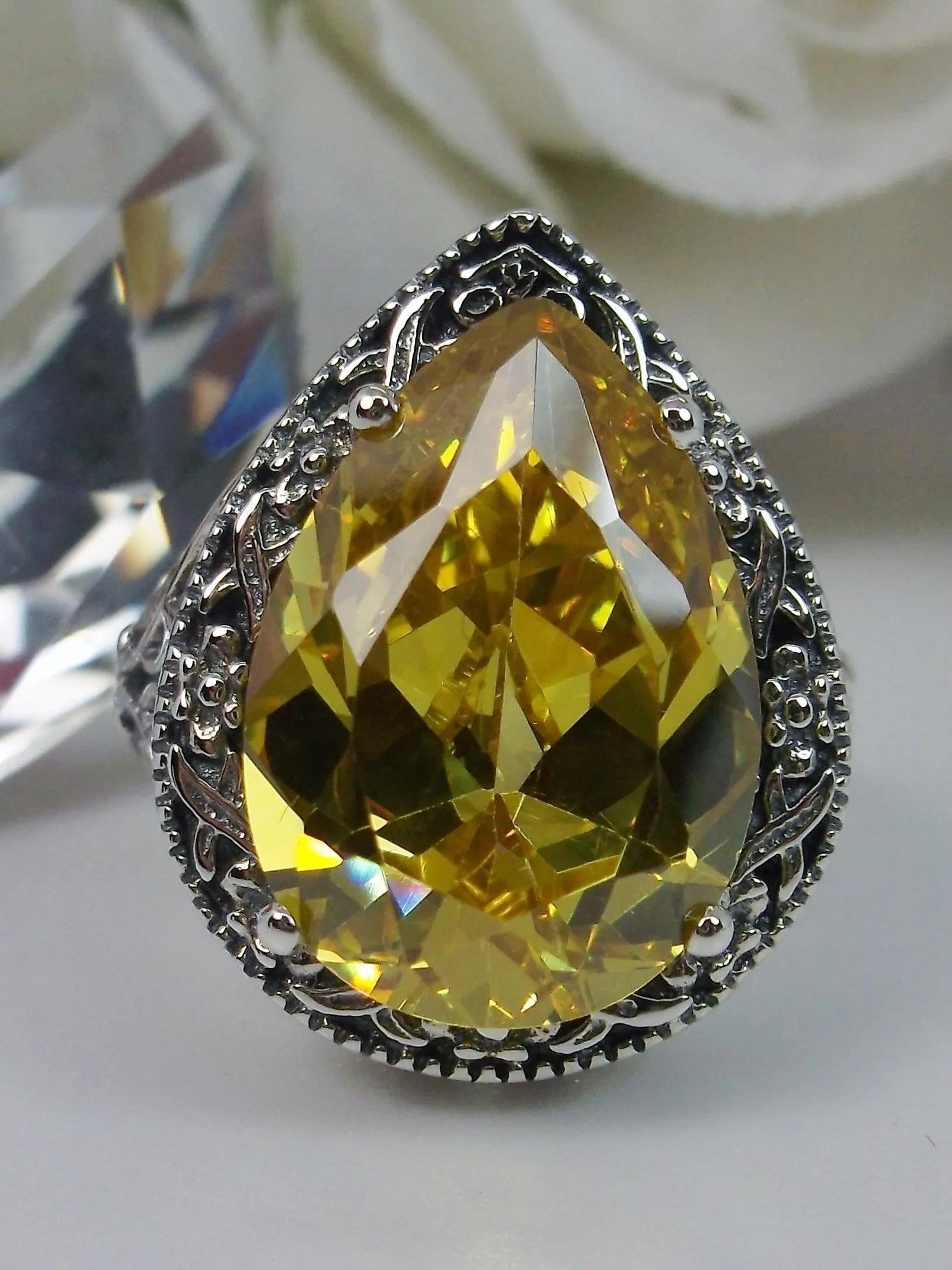 Yellow Citrine Ring, Teardrop Gem, Victorian Jewelry Design#D28